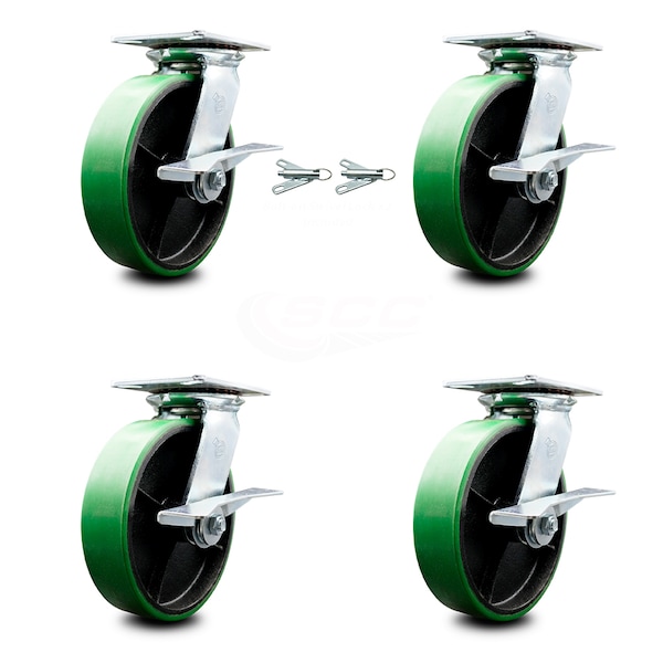 Service Caster 8 Inch Poly on Cast Iron Caster Set with Roller Bearing 4 Brake 2 Swivel Lock SCC-35S820-PUR-GB-SLB-BSL-2-SLB-2 - main